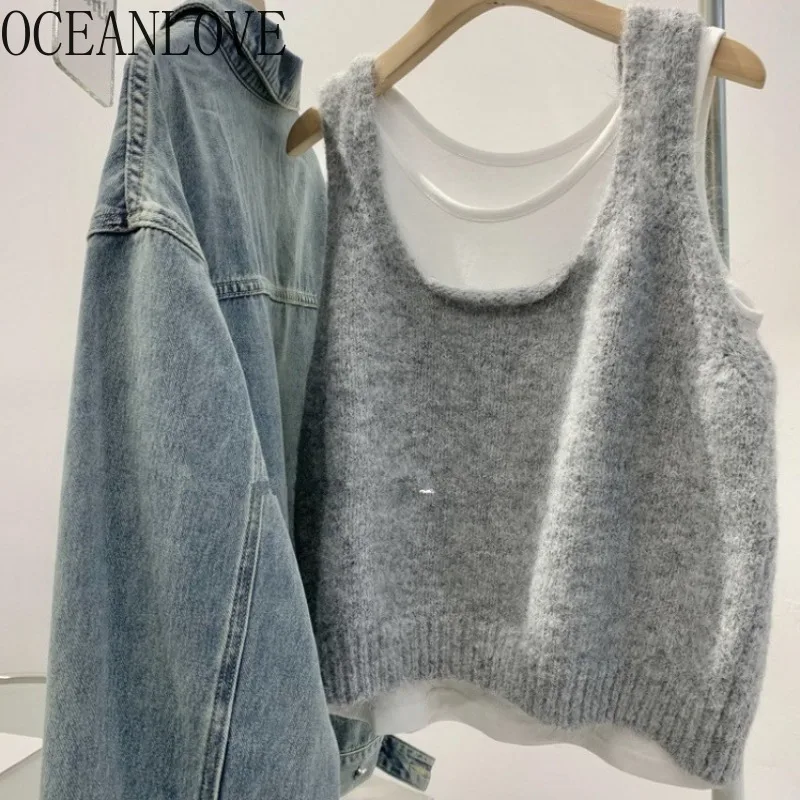 OCEANLOVE Autumn Winter Sweaters Women Tops Korean Fashion Solid Basics Simple Vests Loose U Collar Casual Pull Femme