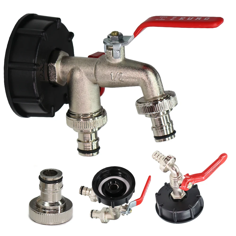 1PC 1/2''x3/4'' 16MM Metal Water Tap with S60 Coarse Thread IBC Tank Cover 1-2 Ways Coupling Adapter Ball Valve Garden Faucet
