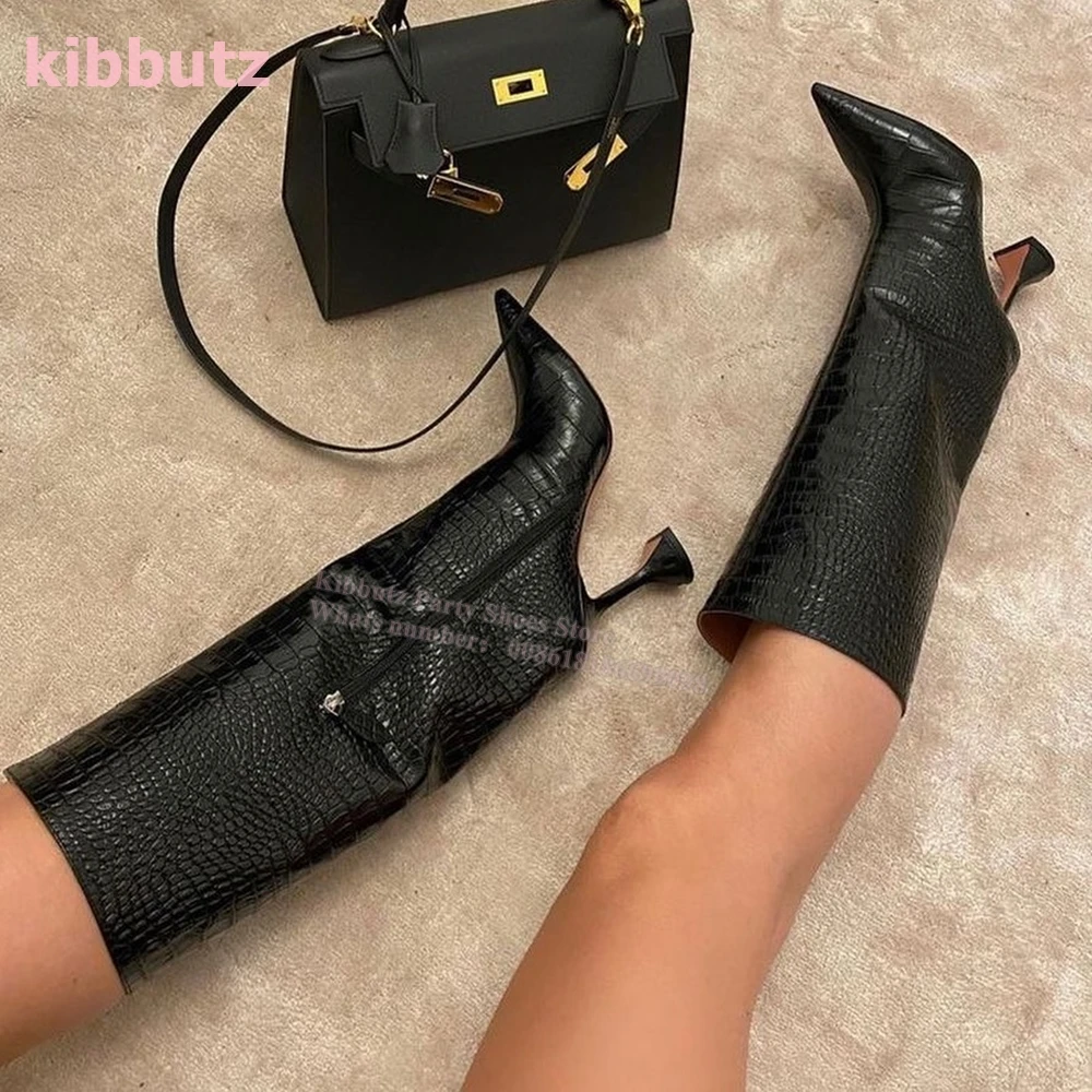 

Snake Skin Genuine Leather Knee High Boots Pointed Toe Strange Heel Side Zippers Solid Color Fashion Elegant Sexy Concise Shoes