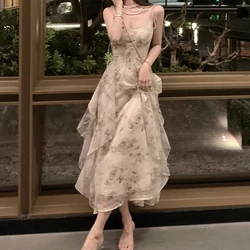 Houzhou elegante Urlaubs kleider für Frauen lange Blumen Chiffon Midi Kleid ärmellose Vintage Kleid Fee schlanke Party lässig