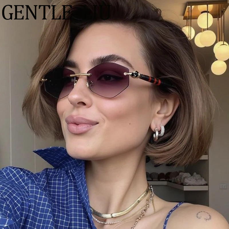 

Vintage Steampunk Rimless Polygon Sunglasses Women 2025 Luxury Brand Trendy Rhombus Sun Glasses Small Frame Hexagon Shades UV400