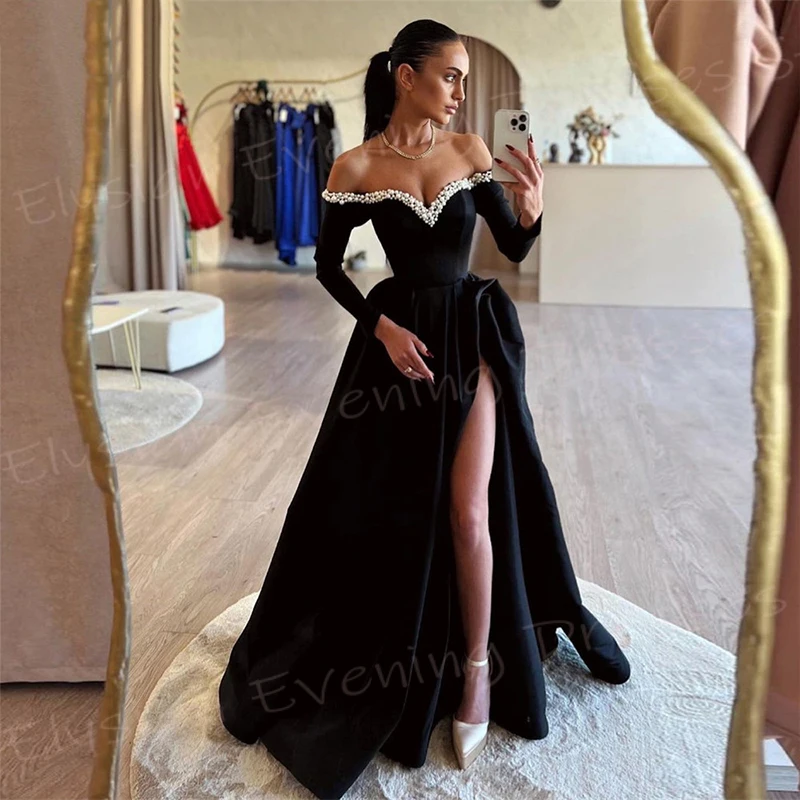 Fascinating Sexy Black A Line Women's Evening Dresses Elegant Off The Shoulder Prom Gowns Simple Long Sleeve Split فساتين سهرة