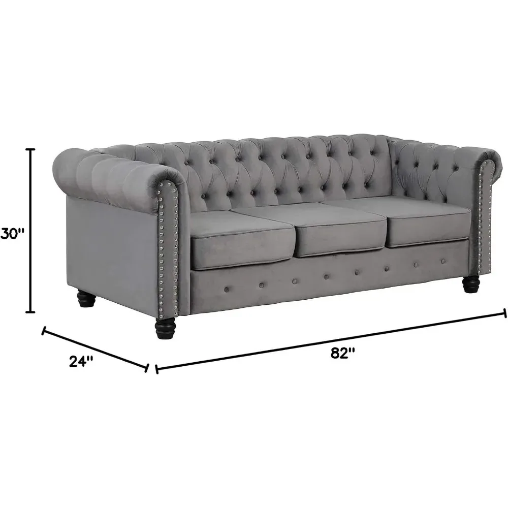 طقم أريكة تشيسترفيلد الكلاسيكي مقاس 82 بوصة، طقم أريكة معنقدة مع أرجل خشبية صلبة ووسادة سميكة، 3 مقاعد صديقة للحيوانات الأليفة