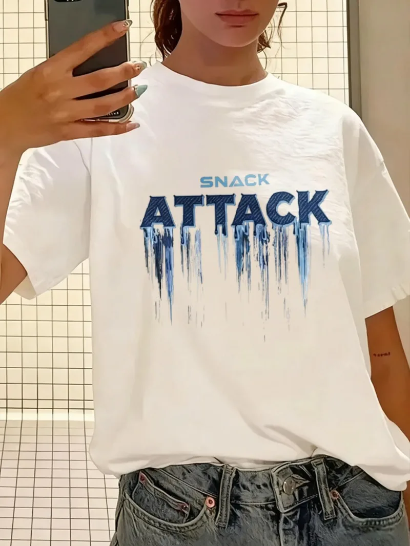 

Printed Short-sleeved Loose Women's White T-shirt, New Letter Drop Ink Print Pattern, Summer Casual Wear