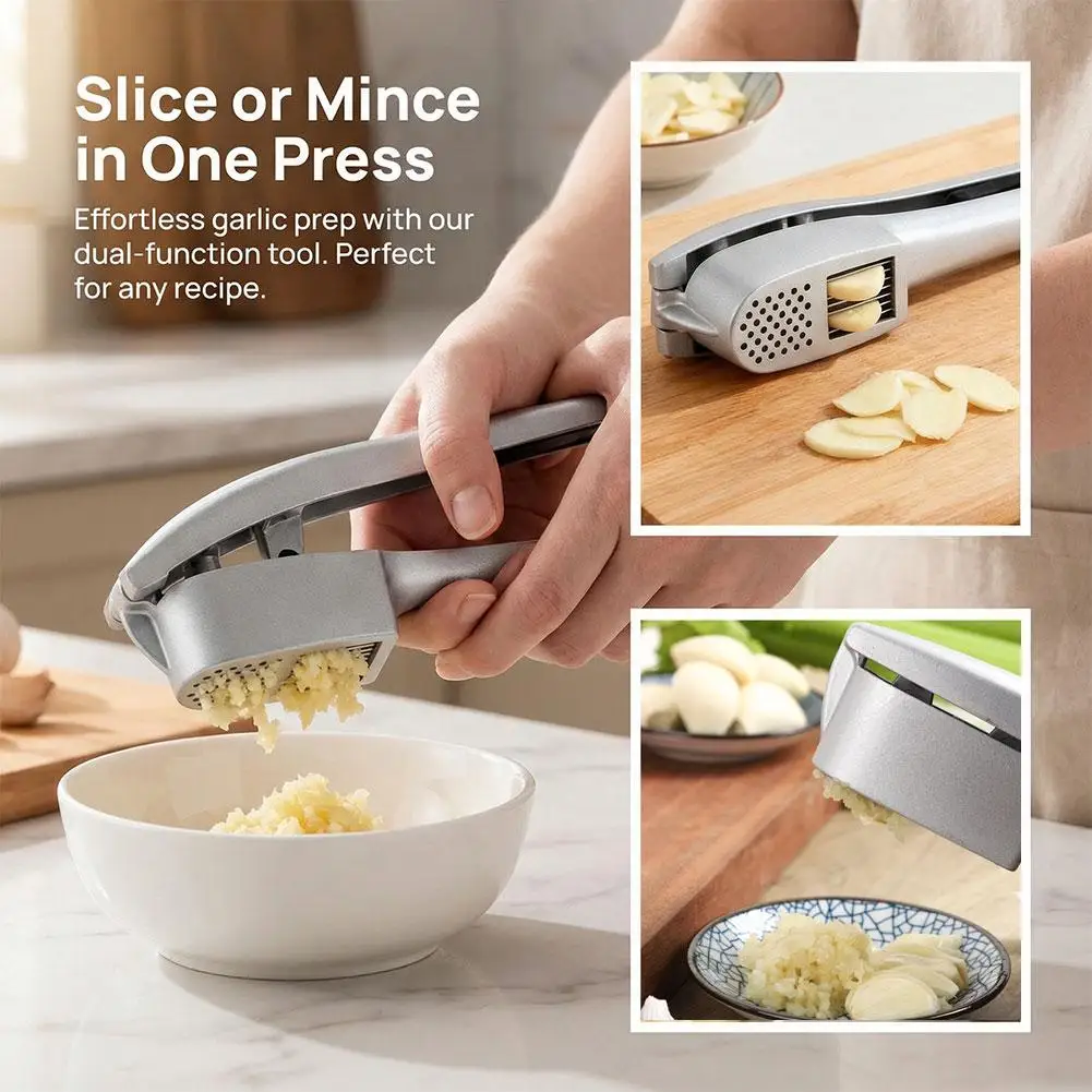 2-in-1 Garlic Press Crusher and Slicer with Peeler & Brus, Rustproof, Dishwasher Safe, Ergonomic Handle Kitchen Gadgets