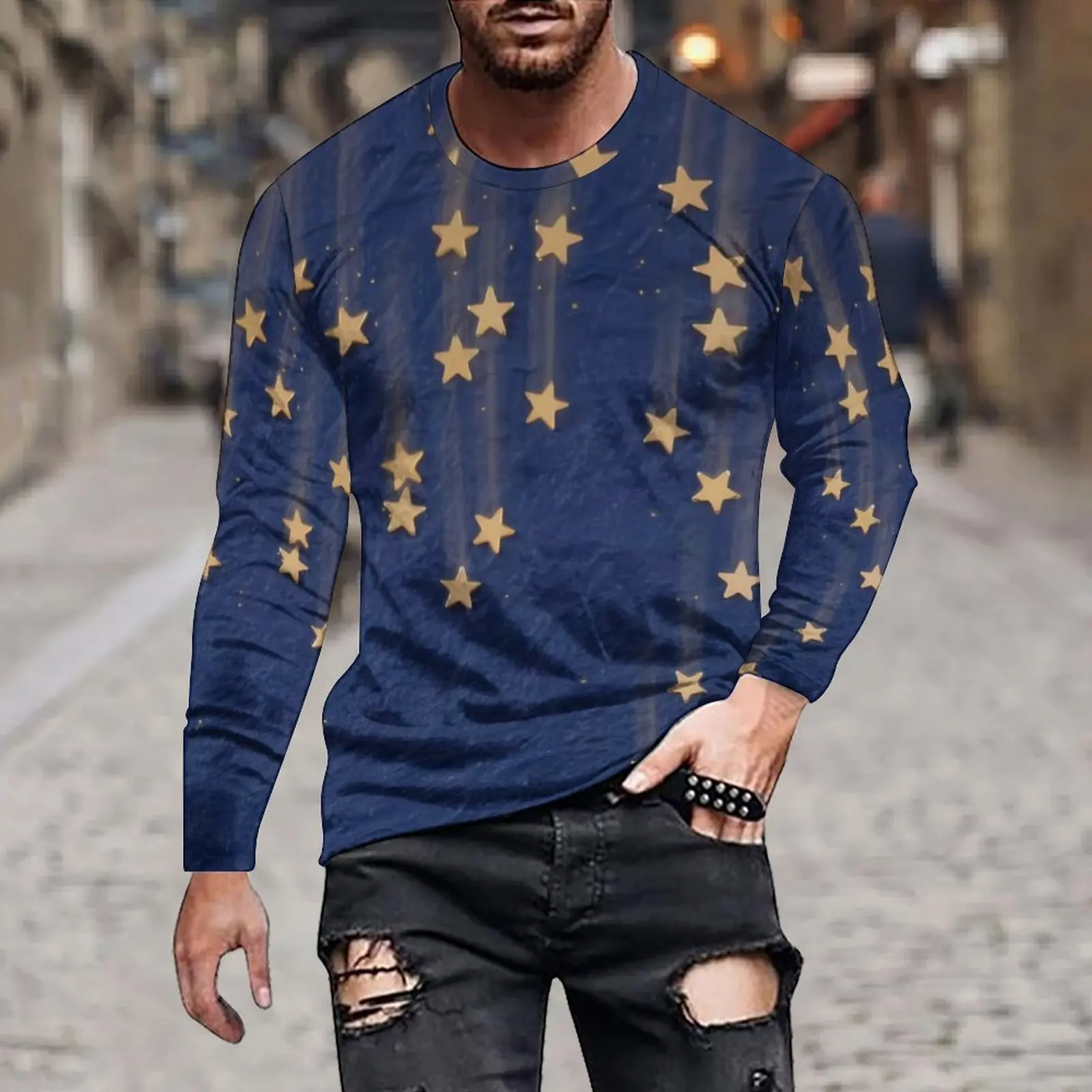 חולצת שרוול ארוך לגברים עם הדפס 3D של כוכבי לילה, מגמה פשוטה ליומיום, צווארון עגול, גודל גדול, נוחה ואיכותית