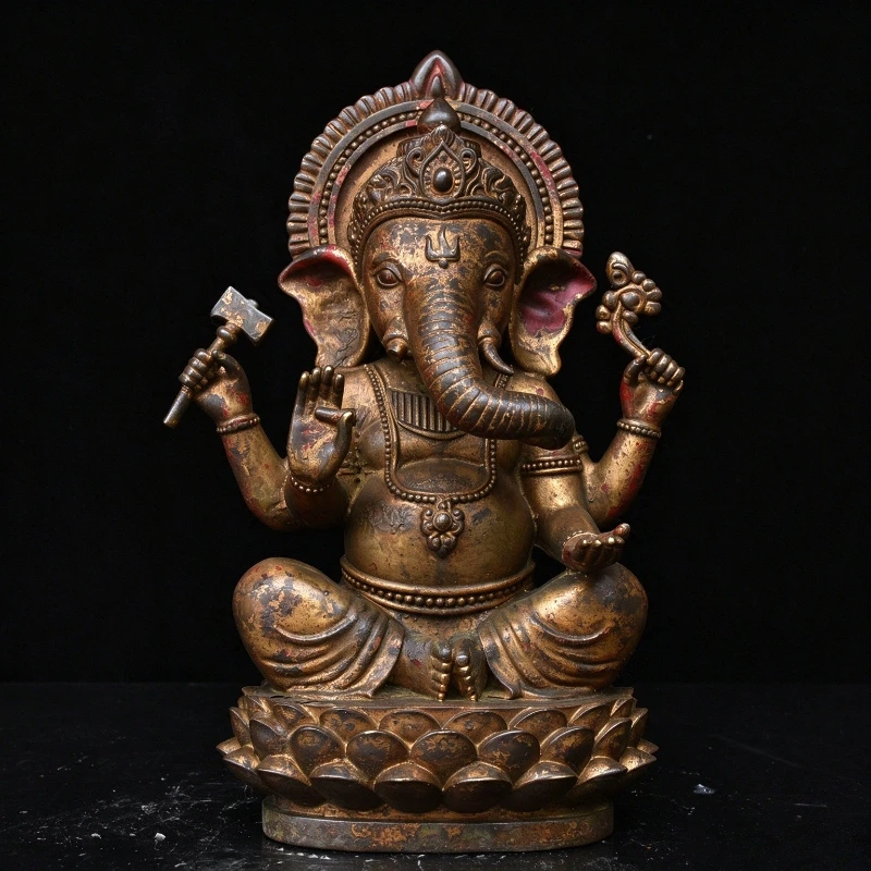 Antique Bronze Lord Ganesha Buddha Statue Four Arms Elephant God Sculpture Buddhist Meditation Decorative Home Decor