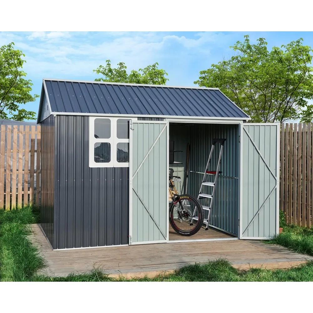 10x8x8 FT Nordic Cottage Storage Shed, 4-pane Windows Metal Garden House Double hinged Lockable Door, Dark Grey/White