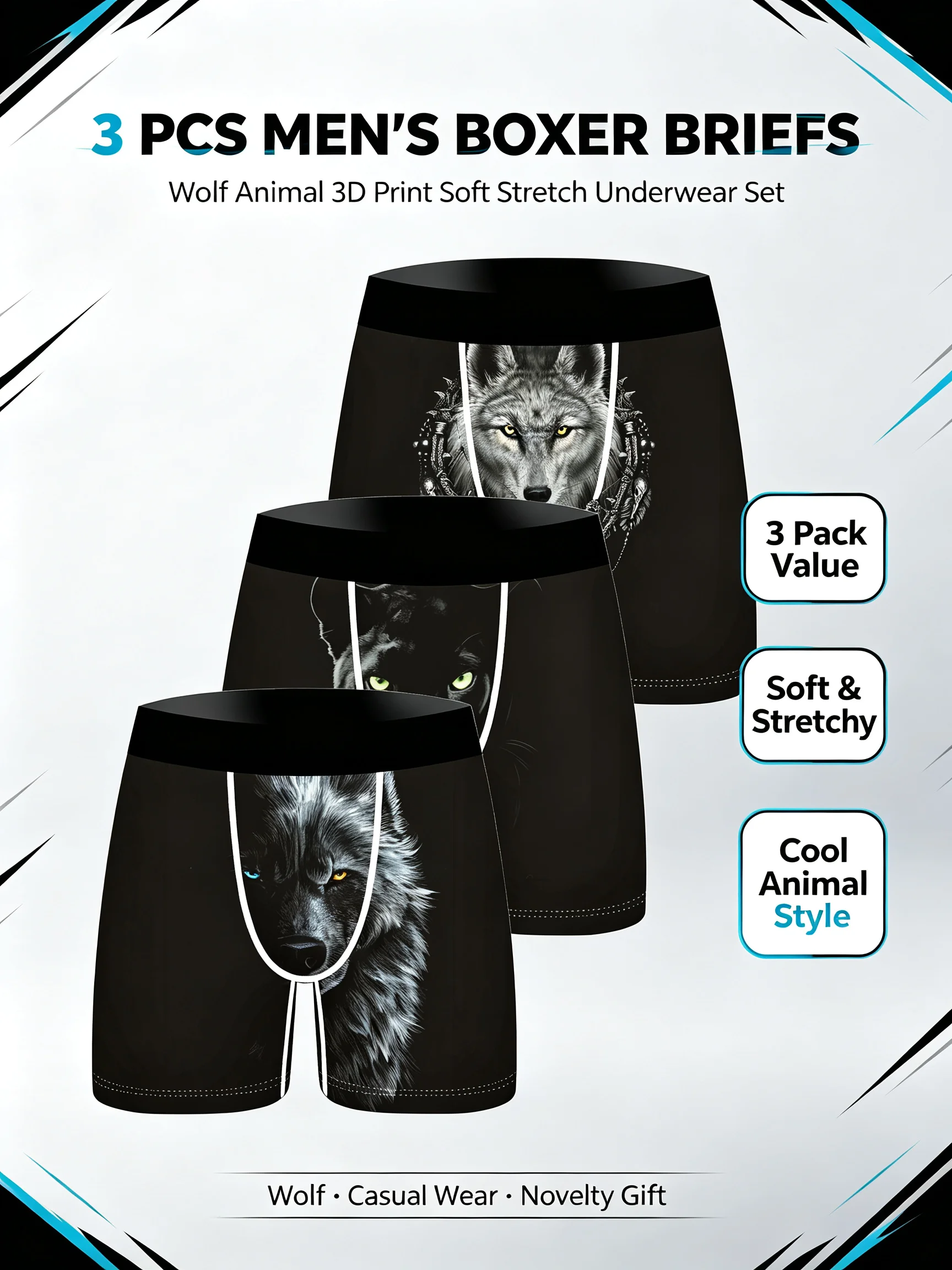 3Pcs Men Boxer Briefs Wolf Panther 3D Print Underwear Soft Stretch Male Underpants Novelty Animal Gift Boxer Shorts