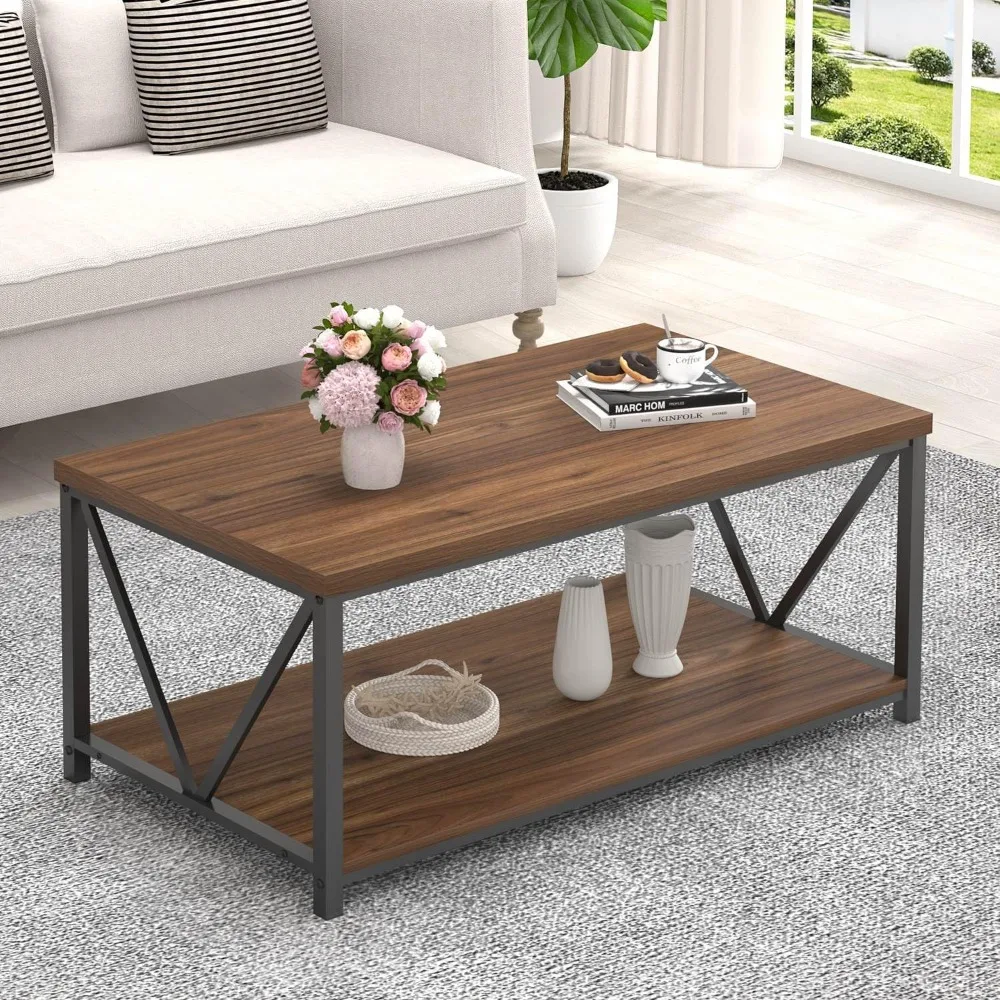 

Coffee Table, Modern Center Table with Storage Shelf, Rustic Wood and Metal Cocktail Table for Living Room, 39.3 Inch Walnut