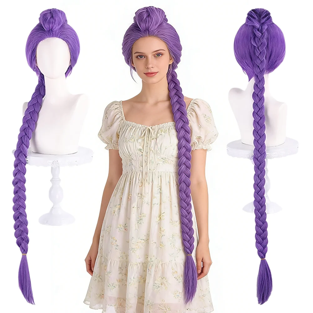 Peluca de cosplay Rumi Purple, preestilizada, 120 cm, trenzada, cola de caballo desmontable, pelo de fibra de alta temperatura para fiestas de anime, uso diario