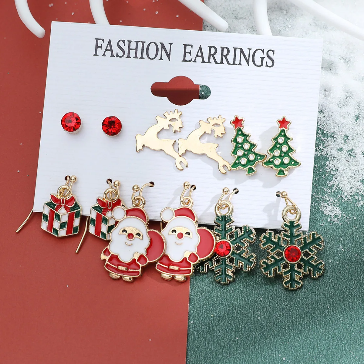 Christmas Series Snowflake Bell Christmas Tree Earnail Combination Set Cartoon Drip Oil Elk Elderly Earrings Female Jewelry Gift