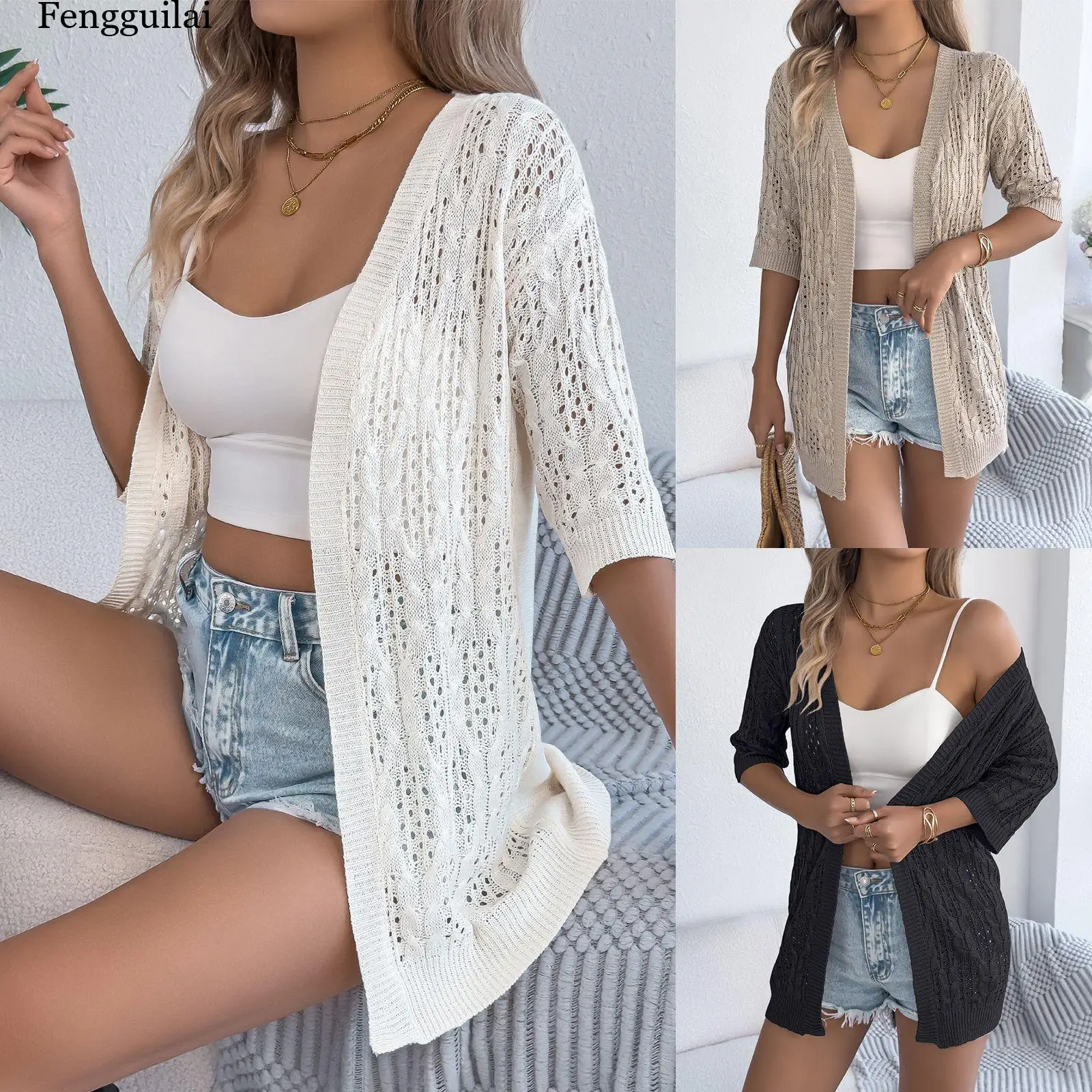 

Solid Color Hollow-Out Mid-Sleeve Knit Mid-Length Cardigan