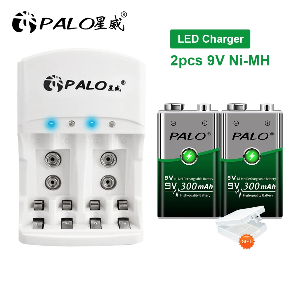 PALO 2pcs 9V 300mAh Rechargeable ni-mh 9 volt NiMH Battery + Universal 9V AA AAA ni-mh Ni-CD AA AAA battery charger