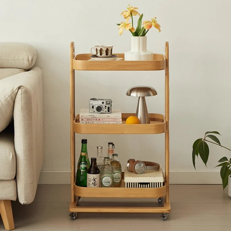 

Rattan Weave Mobile Side Table Sofa End Table with Multi-layer Design Bedside Sundries Storage Cart Living Room Organizer Rack