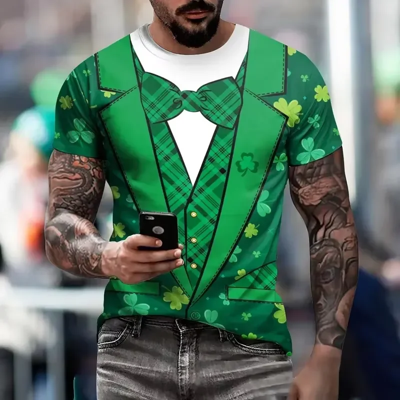 3D Digital Print Eciodci Mens St Patricks Day T Shirt 2026 Shamrock Tuxedo Tee Clover Leaves Casual Short Sleeve Top Novelty