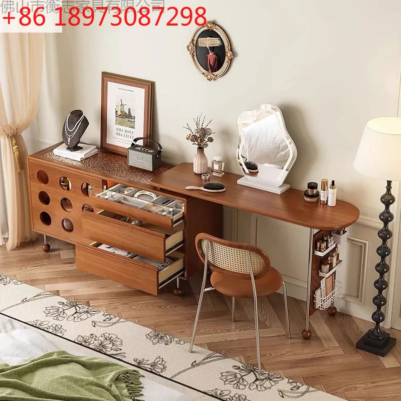 

Trendy retro retractable dresser makeup mirror, chest integrated medieval bedroom bedside storage corner solid wood makeup table