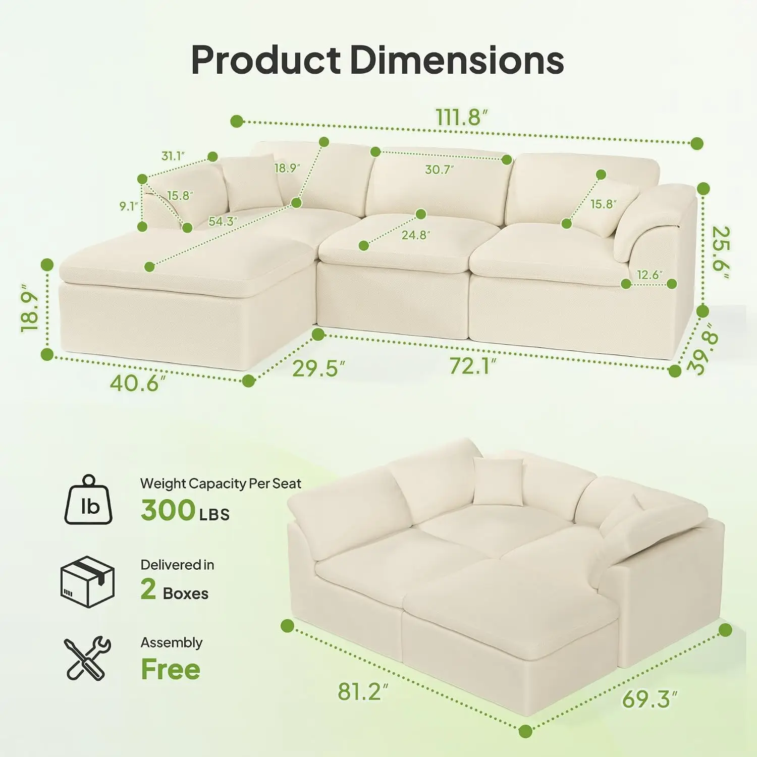 Grid Chenille Couches for Living Room, Dual Cushion Sectional Couch, 18.9