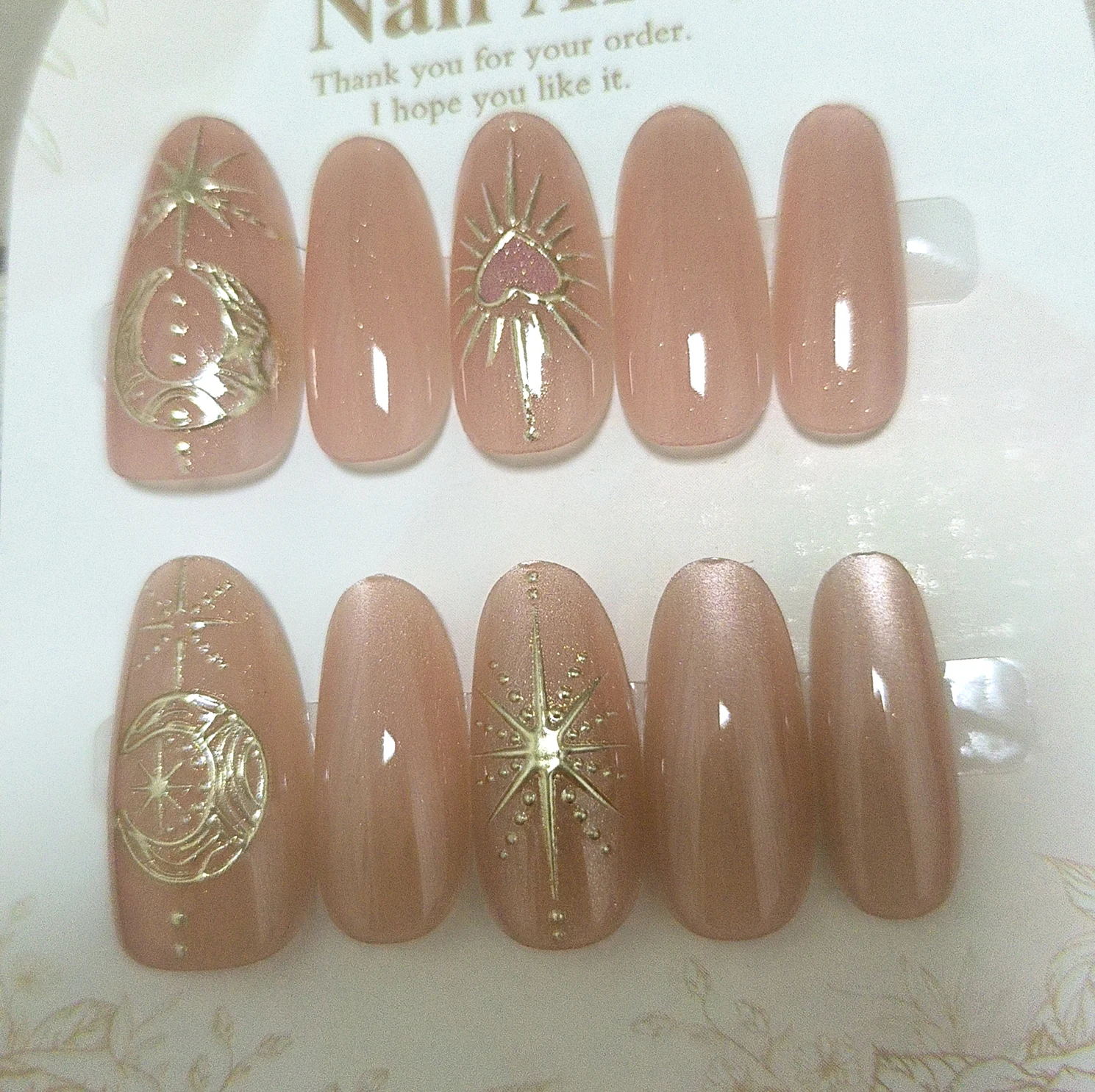 

10pcs French Style Almond Shape Gilded Baroque Press On False Nails Manicure Starry Moon Cat Eye Woman Self-Adhesive False Nails