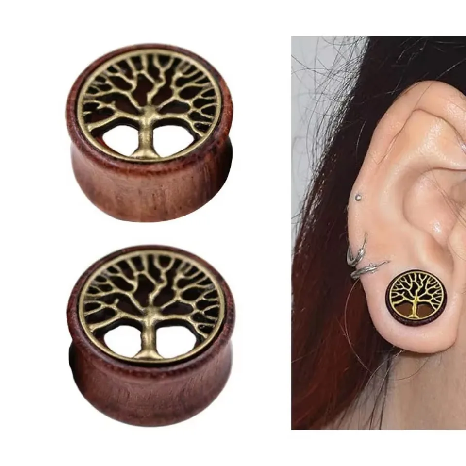 2 Stück Baum des Lebens Bio-Holz-Flesh-Tunnel, doppelt ausgestellte Ohrdehner, Sattelstopfen, Messgerät 8 mm – 20 mm – Detail 1