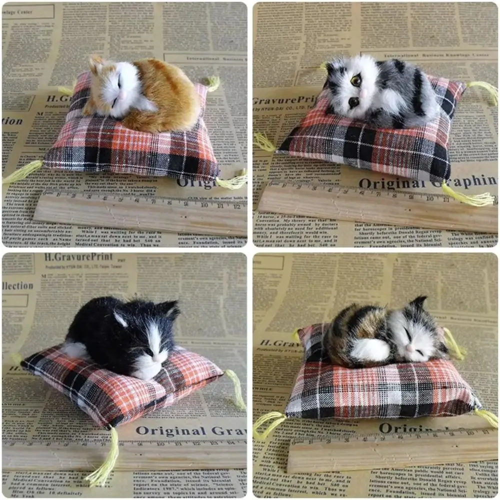 Mini Kawaii Kitty Sleeping Cats Toy Lifelike on Cushion Simulation Fur Cat Soft Exquisite Stuffed Cat Doll Kids Gift