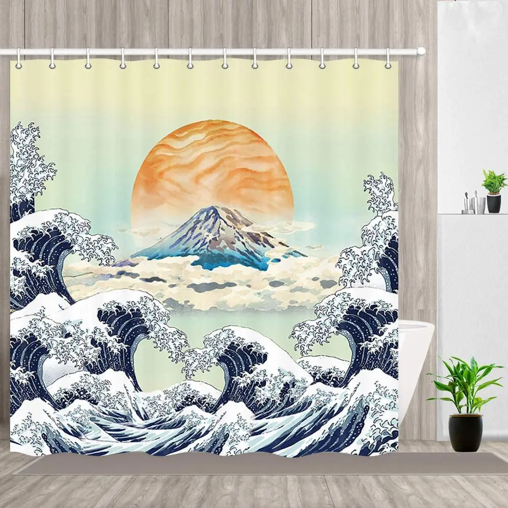 Japan Art Shower Curtain Ocean Wave Mount Fuji Sunset Red Sun Japanese Fabric Set with Hooks Bathroom Waterproof Bath Curtains