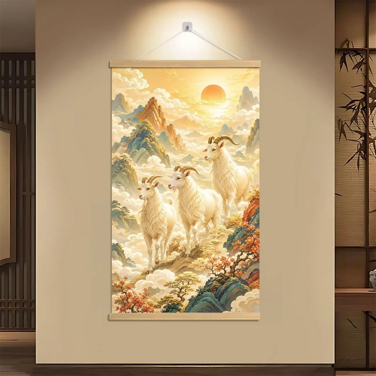 VIKAMA Three Rams Scroll Painting Chinese Zodiac Lucky Decor Traditional Elegant for Living Room Entryway Canvas Hanging Gift