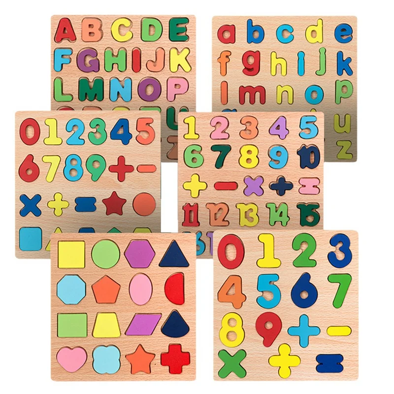 Wooden Puzzles For Children, Wooden Numbers, Letters, Geometric Figures, Building Blocks, Hand Grab Board Toys