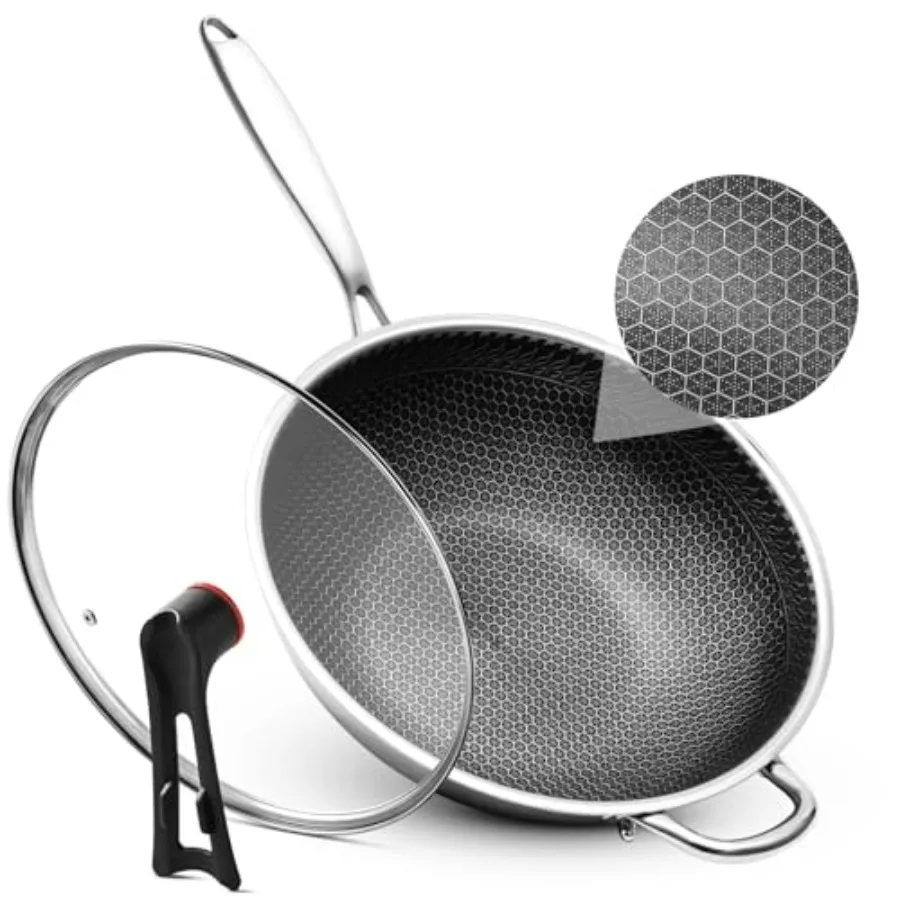 Wok de Acero Inoxidable de 12.6 Pulgadas sin Recubrimiento Mejorado con Tapa, Sartén para Saltear de Acero Multicapa con Fondo Plano, Superficie de Inducción Oneycom