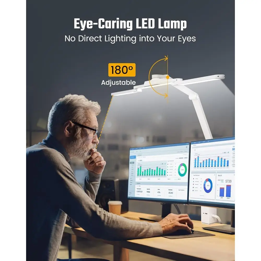 LED-klem bureaulamp met 6 stopcontacten, USB en Type-C, instelbare helderheid, 5 kleurmodi voor gebruik in thuiskantoor