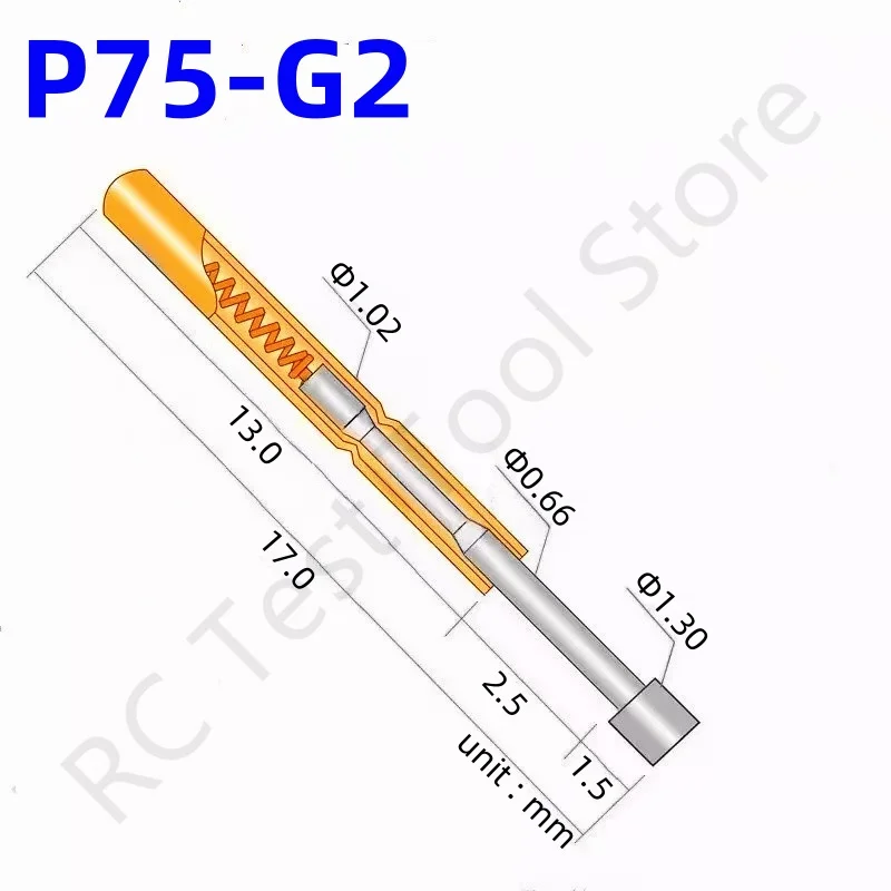 100PCS Spring Test Probe P75-G2 Test Pin Copper Nickel Plated Electronic Spring Test Pin Head Dia 1.30mm P75-G Pogo Pin 1.02mm