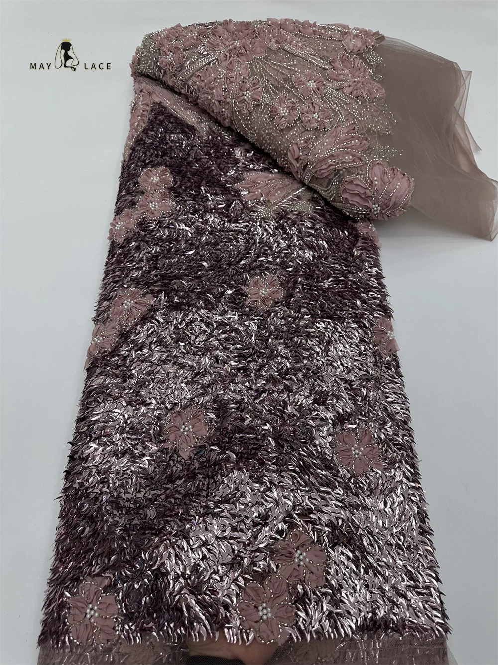 

2026 New Design African Heavy Sequins Tulle Lace Fabric Pink High-Quality Nigerian Groom Lace Fabric for Party Wedding Dresses