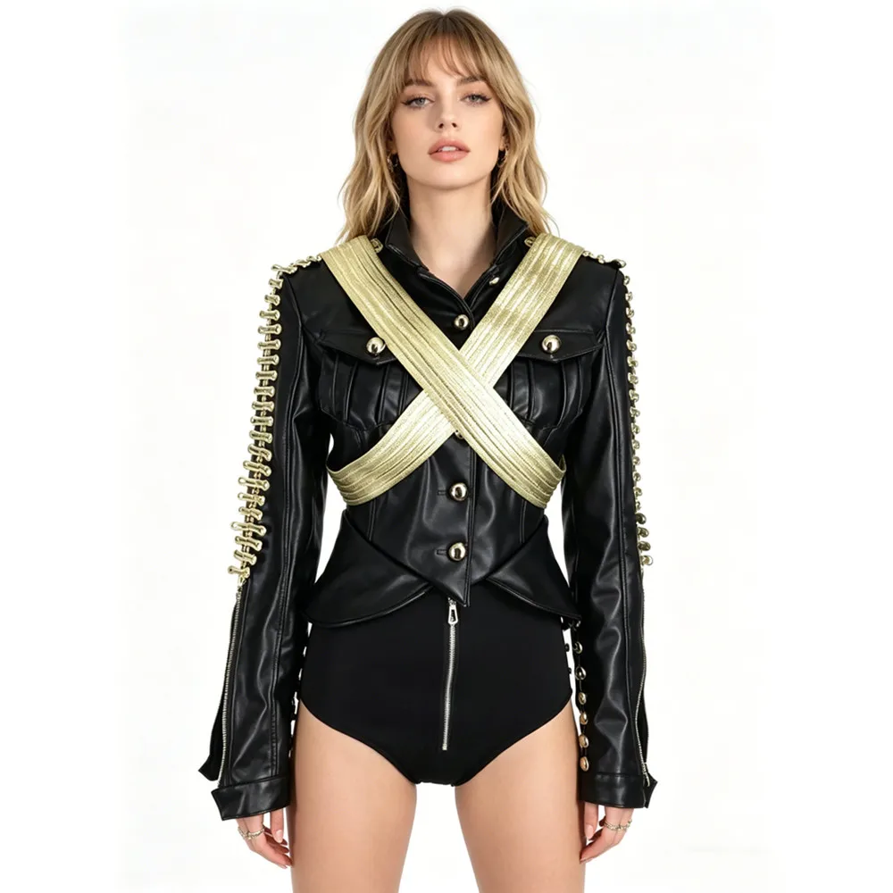 

Black White PU Leather Rivet Jacket Shorts Set Bar Nightclub Concert Women Singer Lead Dance Stage Performance Dance Costume