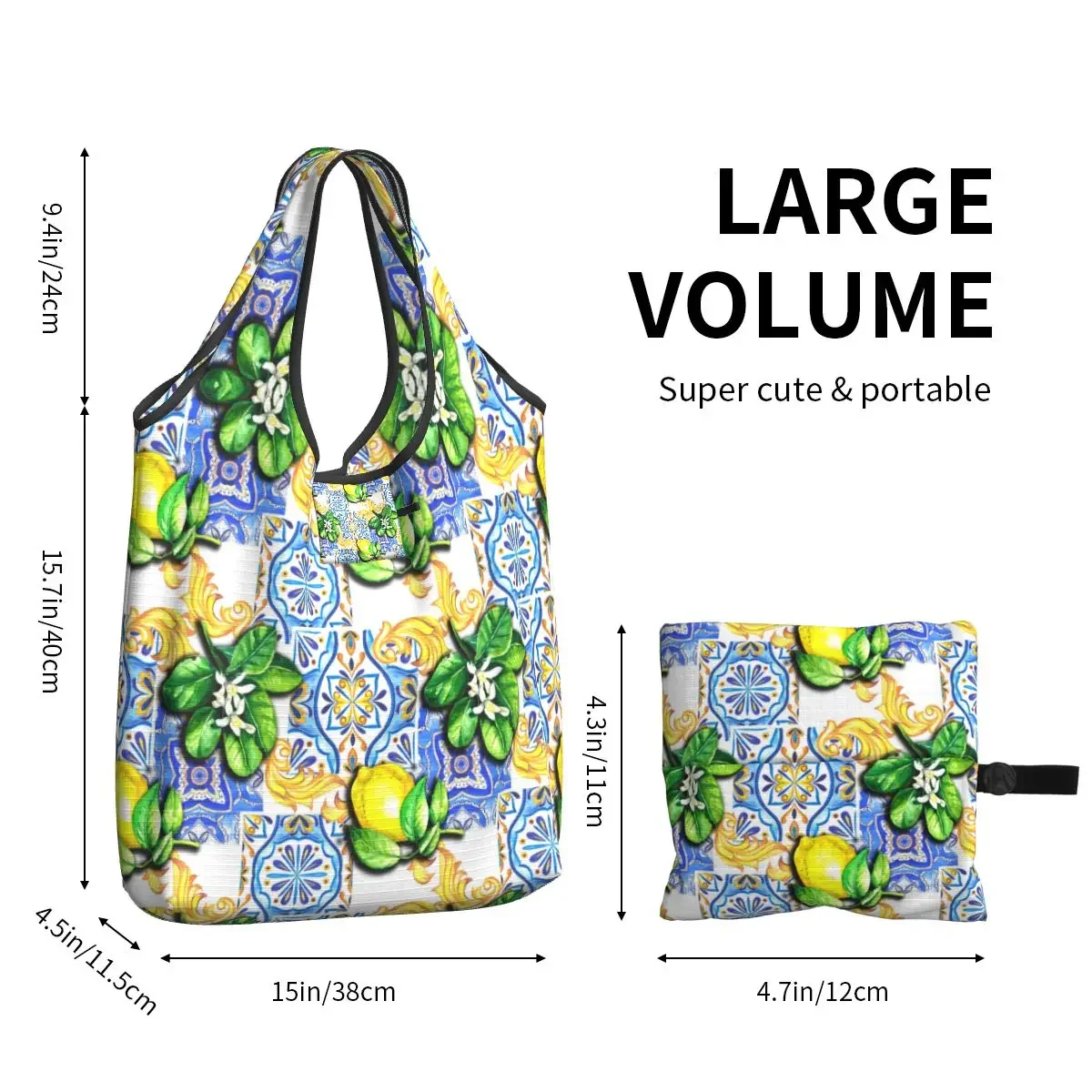 Recycling Mediterranean Tiles Summer Fruit Lemons Shopping Bag Women Tote Bag Portable Groceries Shopper Bags