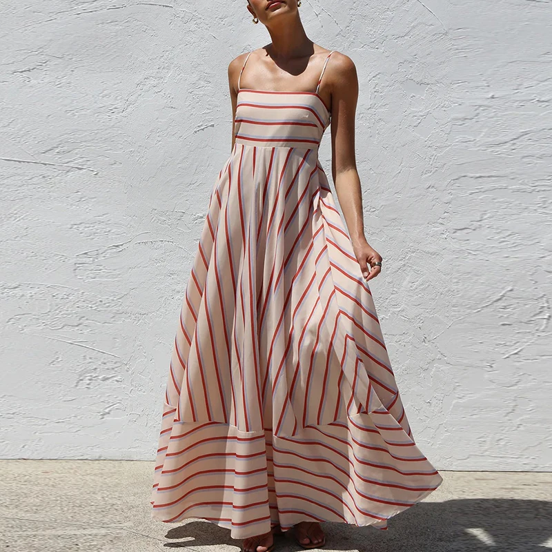 

Новое пляжное платье 2026 года: женское длинное платье с открытыми спиной, полосатым принтом, завышенной талией, сексуальное, с квадратным вырезом и бретелями