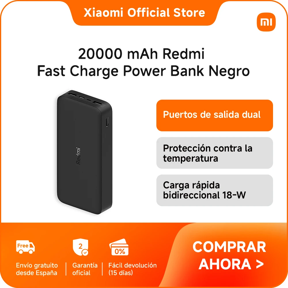 Oficial | Batería Externa Redmi de 20000mAh con Carga Rápida de 18W, Puertos de Entrada Dobles, Puertos de Salida Dobles, Alta Capacidad de 74 Wh, Carga Bidireccional de 18W