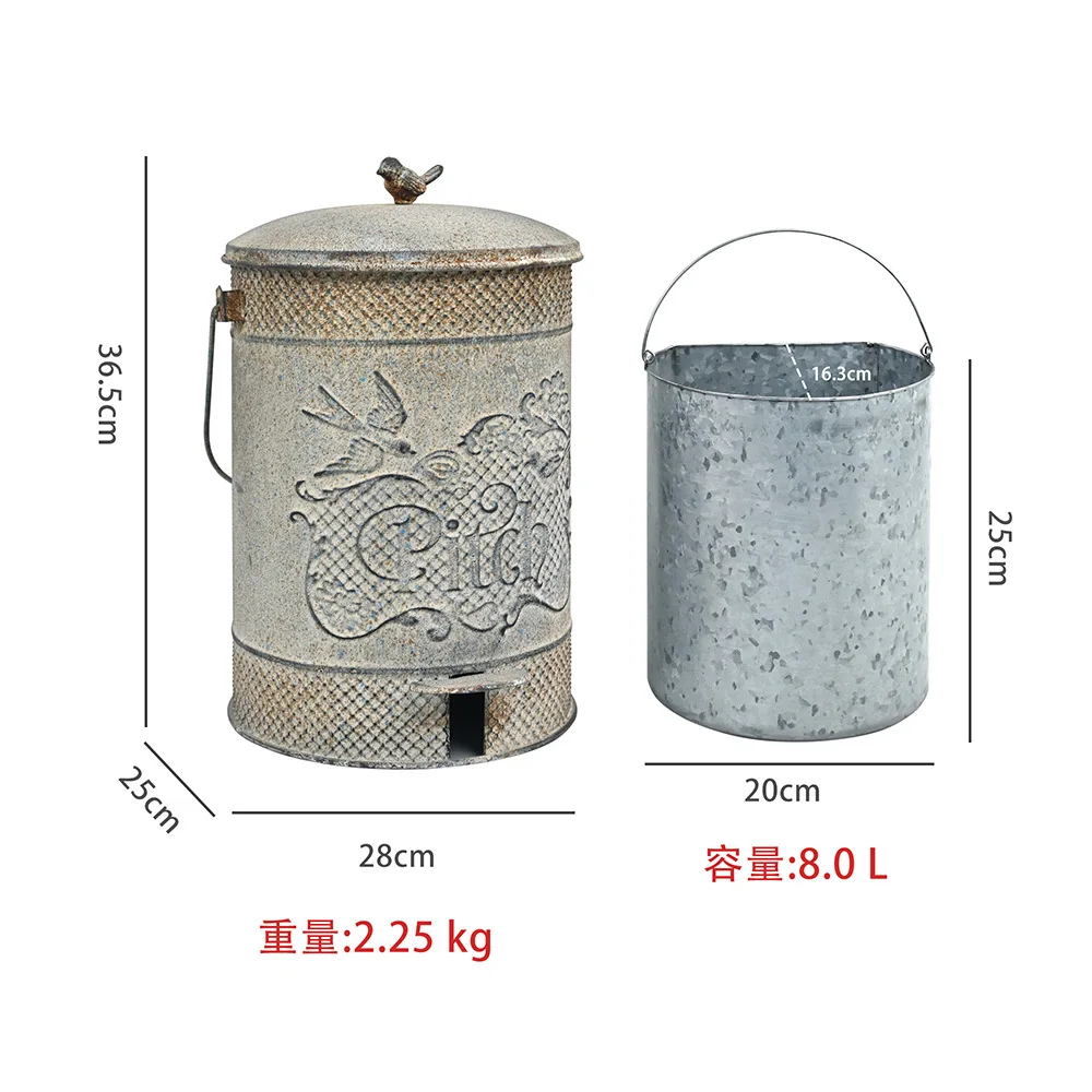 Wrought iron garden trash can, courtyard decoration retro foot-pedal large capacity silent outdoor cast iron trash can with lid