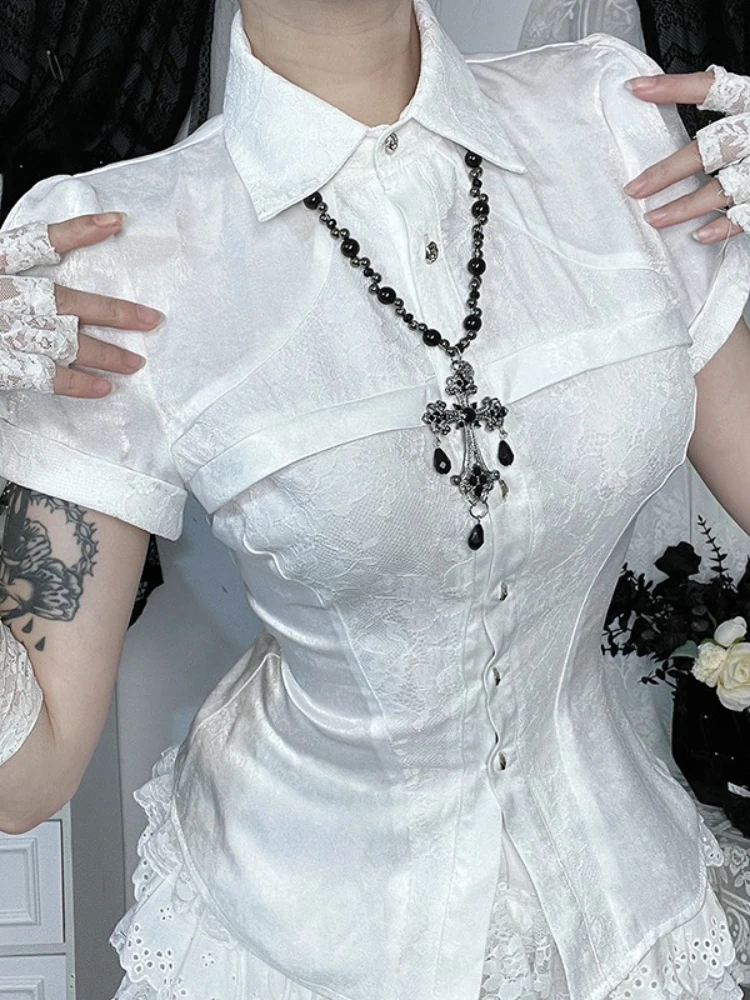 AltGoth Fairycore الجرونج القوطية قميص المرأة الجمالية خمر تأثيري الدانتيل المرقعة بلوزة قصيرة الأكمام Kawaii لوليتا الملابس