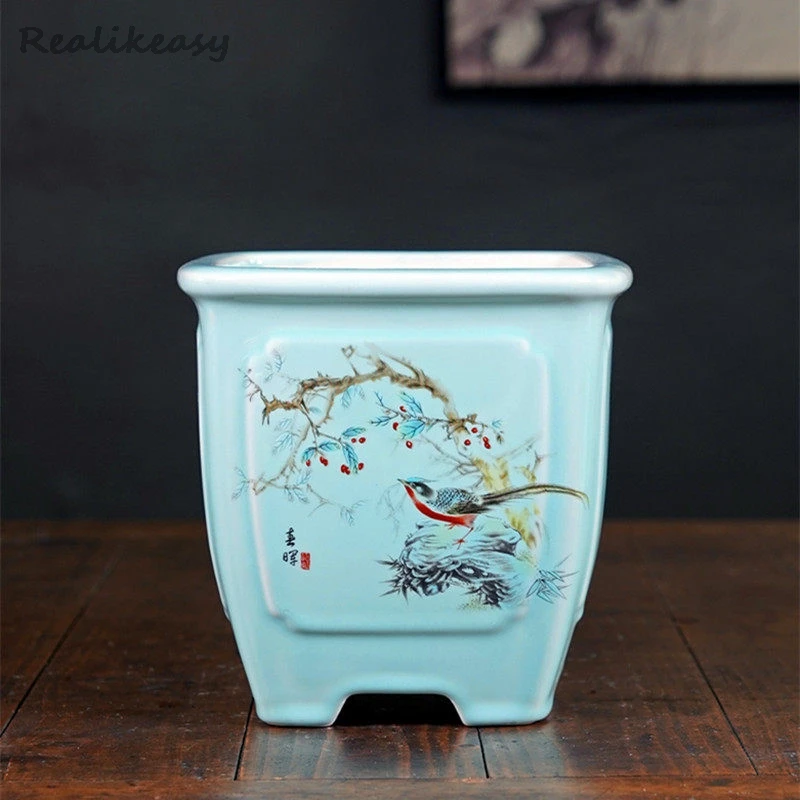 Chinese Light Luxury Purple Clay Succulent Flower Pot Square Glazed Painted Orchid Bonsai Pot Home/Office Desktop Decor LJ118