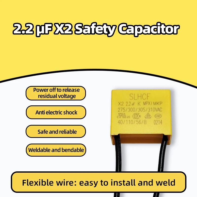 Polypropylene Film Capacitor 2.2uF Yellow PBT Housing With Bendable Soft Lead Wire Anti‑Shock Residual Charge Release