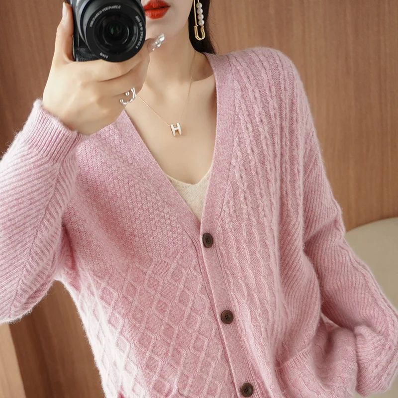 2023 Autumn Winter New 100% Pure Wool Cardigan Sweater Women\'s Solid Color Loose Thicken Fashion Female Long Sleeve Knitwear