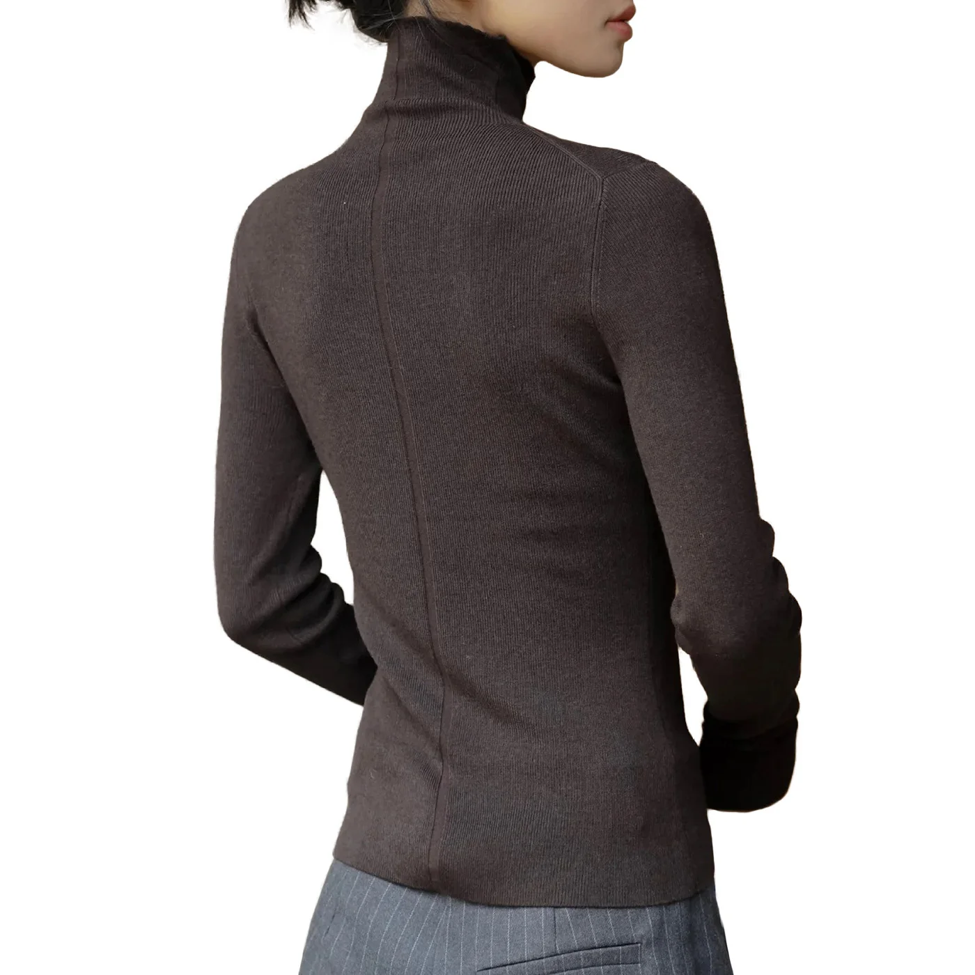 Slim Turtleneck Sweater Women Knitted Layering Tops Brown Autumn Winter 2023