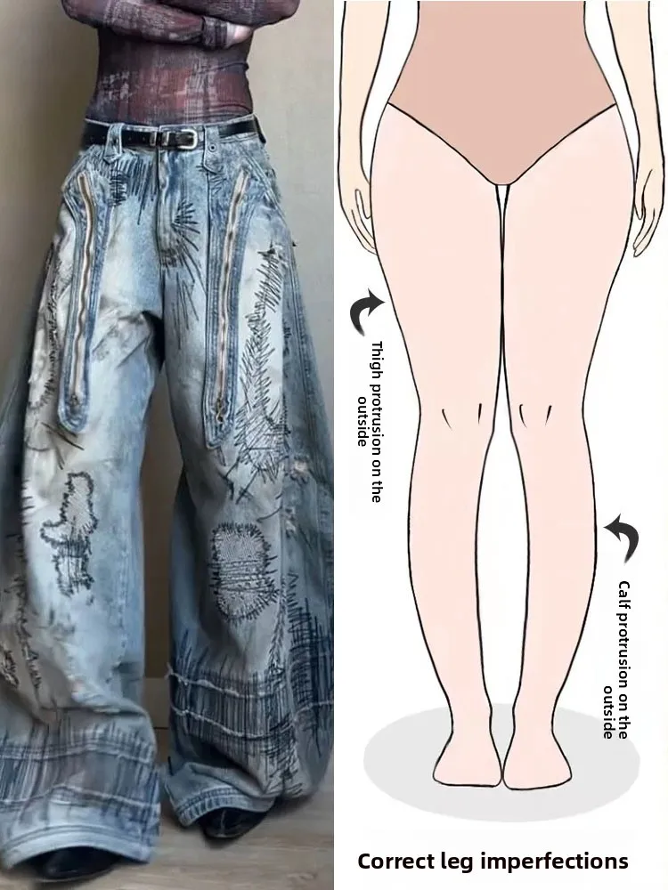 

Женские джинсы Street Style с широкими штанинами, вышивкой и эффектом потертости, новинка 2025 года, повседневные, с высокой талией, длинные брюки для фигуры типа «груша»
