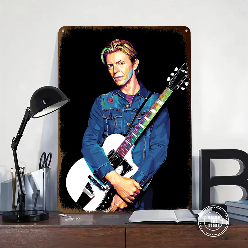 David Bowie With Guitar Pop Art Poster Customized Vintage Metal Signs Wall Art Retro Tin Plaque for Bedroom Decoration Gaming