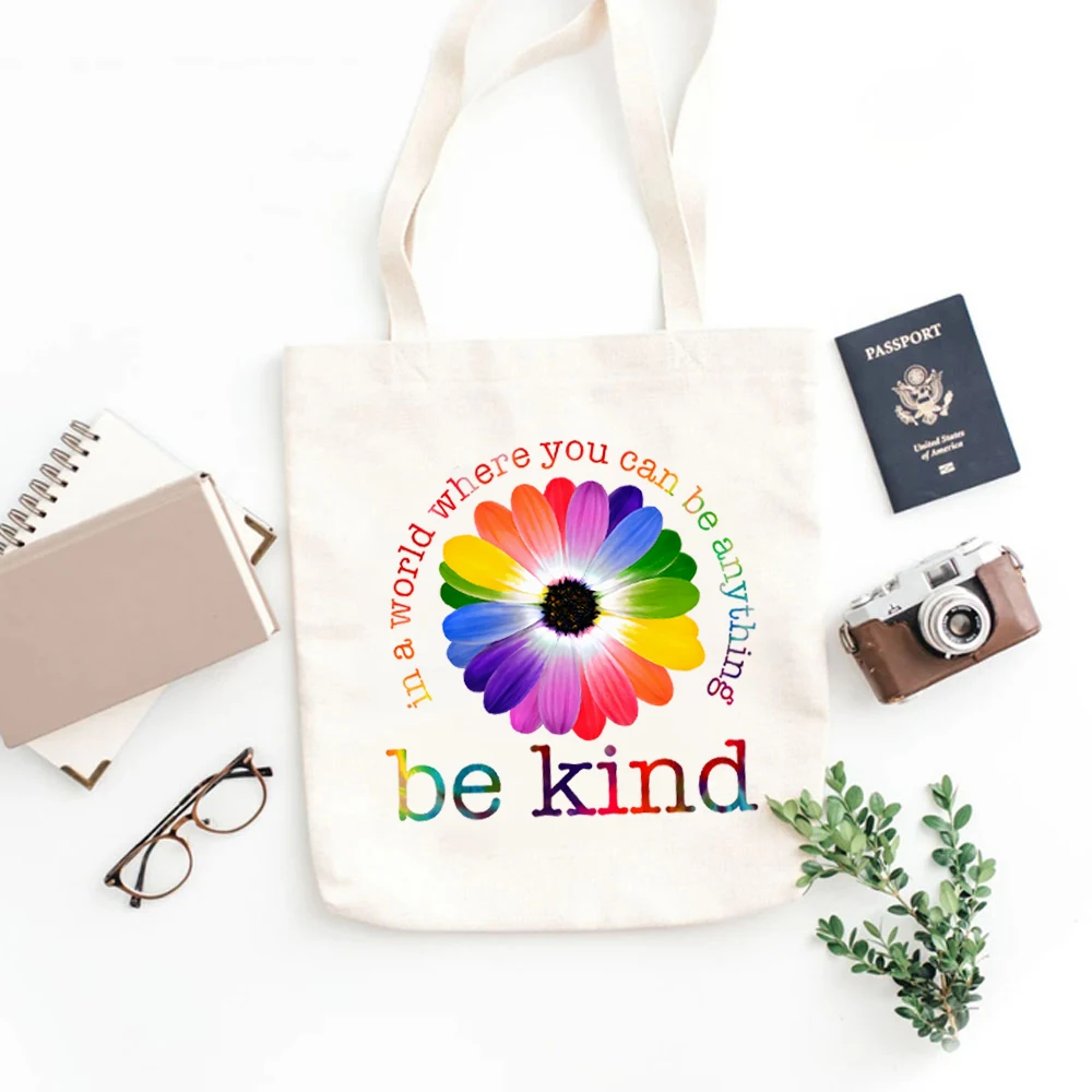 Be Cool Be Kind Retro Rainbow Print Tote Bags Kindness Ladies Shoulder Bag Shopping Bag Large Capacity Canvas Women Elegant Bags