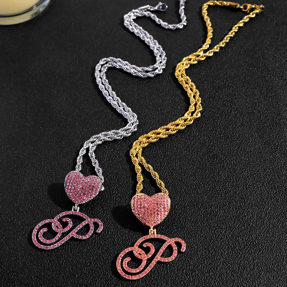 Hip Hop Pink A-Z Cursive Letter Initial Heart Pendant Necklace For Women Bling Iced Out Cuban Zircon Chain Necklace Punk Jewelry