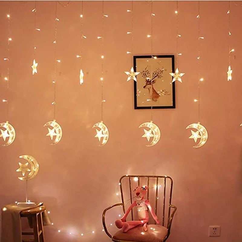 TKOH-12 Sterne Mond Licht String 2,5 M Im Freien Wasserdichte Schlafzimmer Home Party Hochzeit Dekoration Atmosphäre Vorhang Licht EU Stecker