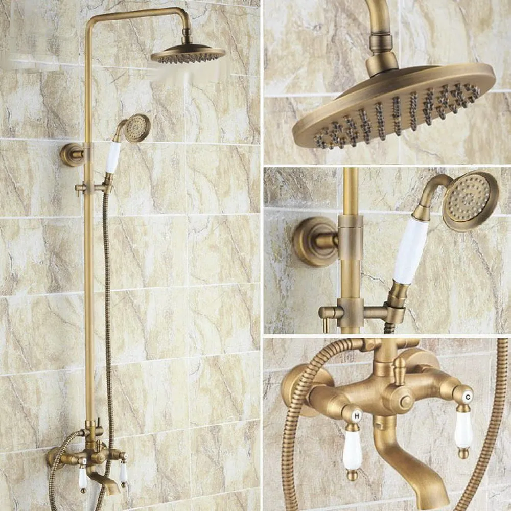 

Antique Brass Two Ceramic Handle Bathroom Rain Shower Faucet Set Tub Mixer Tap + 8" Round Rain Shower Head + Handshower ars145