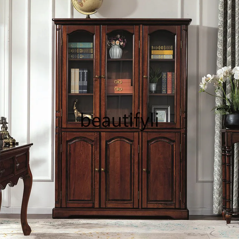 

American Style Bookcase All Solid Wood Study Room with Door Storage Glass Door Display Cabinet