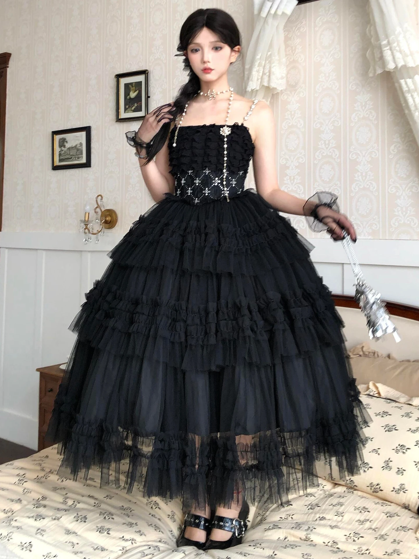 Original Lolita Black Retro Elegant Long Dress Jsk Women Sweet Slim-Fit Mesh Stitching Birthday Dress Vestido De Fiesta Mujer